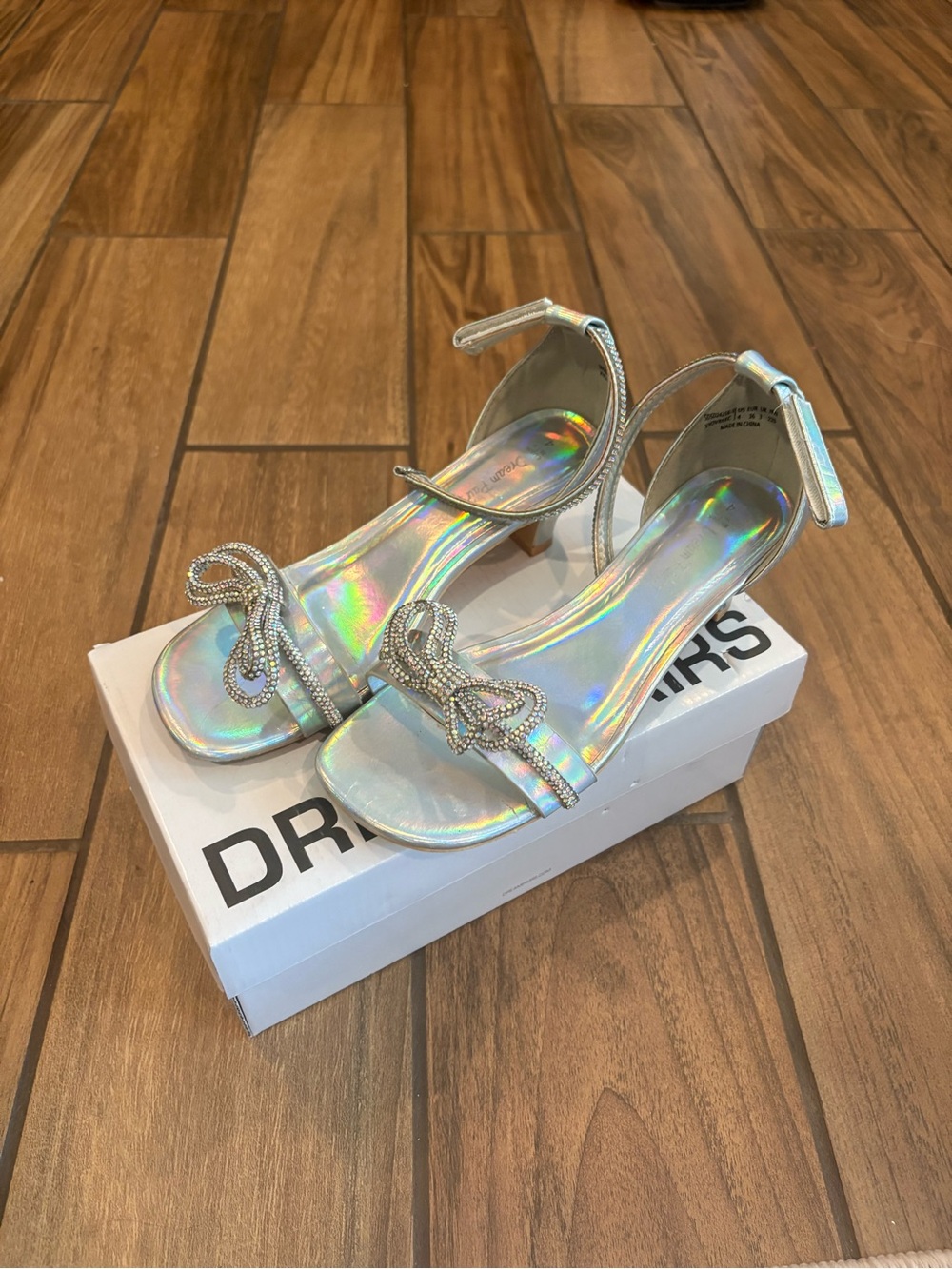 Holographic Silver Rhinestone Bow Ankle Strap Sandals